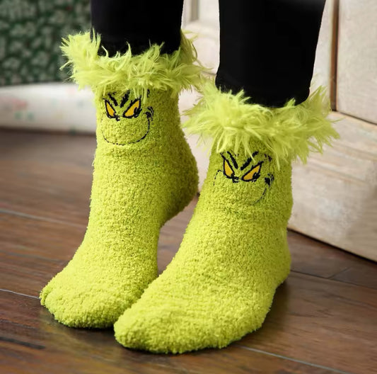 Cozy Green Grinch Fluffy Socks Featuring His Iconic Mischievous Smirk!